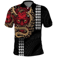Hawaii and Japanese Oni Mask Personalised Polo Shirt Kakau Pattern Dark Art Style