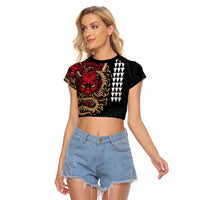 Hawaii and Japanese Oni Mask Personalised Raglan Cropped T Shirt Kakau Pattern Dark Art Style LT9 Female Black - Polynesian Pride