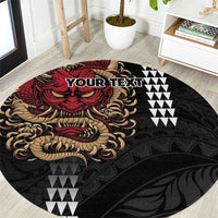 Hawaii and Japanese Oni Mask Personalised Round Carpet Kakau Pattern Dark Art Style