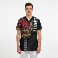 Hawaii and Japanese Oni Mask Personalised Scrub Top Kakau Pattern Dark Art Style - Polynesian Pride