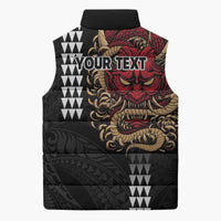 Hawaii and Japanese Oni Mask Personalised Sleeveless Puffer Jacket Kakau Pattern Dark Art Style - Polynesian Pride