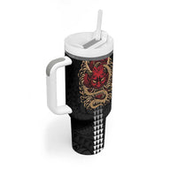 Hawaii and Japanese Oni Mask Personalised Tumbler With Handle Kakau Pattern Dark Art Style