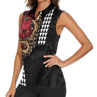 Hawaii and Japanese Oni Mask Personalised Women Sleeveless Polo Shirt Kakau Pattern Dark Art Style
