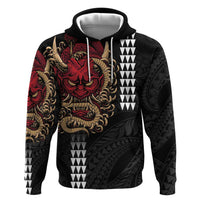 Hawaii and Japanese Oni Mask Personalised Zip Hoodie Kakau Pattern Dark Art Style