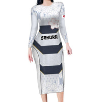 Japan Pacific Rugby 2022-23 Custom Long Sleeve Bodycon Dress Black Sakura Japanese Wave Pattern LT9 Long Dress Black - Polynesian Pride