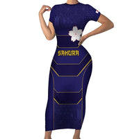 Japan Pacific Rugby 2022-23 Custom Short Sleeve Bodycon Dress Blue Sakura Japanese Wave Pattern