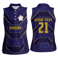 Japan Pacific Rugby 2022-23 Custom Women Sleeveless Polo Shirt Blue Sakura Japanese Wave Pattern
