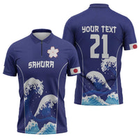Japan Pacific Rugby Custom Zipper Polo Shirt Go Sakura Japanese Wave Pattern - Polynesian Pride