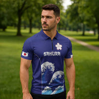 Japan Pacific Rugby Custom Zipper Polo Shirt Go Sakura Japanese Wave Pattern - Polynesian Pride