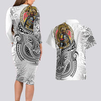 Japanese Samurai Warrior Couples Matching Long Sleeve Bodycon Dress and Hawaiian Shirt White Polynesian Tattoo Style