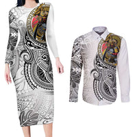 Japanese Samurai Warrior Couples Matching Long Sleeve Bodycon Dress and Long Sleeve Button Shirt White Polynesian Tattoo Style LT9 White - Polynesian Pride