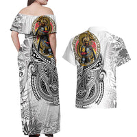 Japanese Samurai Warrior Couples Matching Off Shoulder Maxi Dress and Hawaiian Shirt White Polynesian Tattoo Style