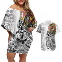 Japanese Samurai Warrior Couples Matching Off Shoulder Short Dress and Hawaiian Shirt White Polynesian Tattoo Style