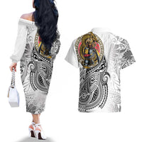 Japanese Samurai Warrior Couples Matching Off The Shoulder Long Sleeve Dress and Hawaiian Shirt White Polynesian Tattoo Style LT9 - Polynesian Pride