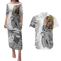 Japanese Samurai Warrior Couples Matching Puletasi and Hawaiian Shirt White Polynesian Tattoo Style