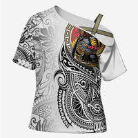Japanese Samurai Warrior Cross Shoulder Shirt White Polynesian Tattoo Style - Polynesian Pride