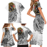 Japanese Samurai Warrior Family Matching Short Sleeve Bodycon Dress and Hawaiian Shirt White Polynesian Tattoo Style