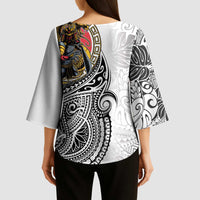 Japanese Samurai Warrior Kimono Sleeve Blouse White Polynesian Tattoo Style - Polynesian Pride