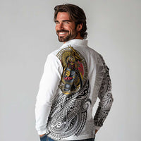 Japanese Samurai Warrior Long Sleeve Polo Shirt White Polynesian Tattoo Style