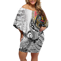 Japanese Samurai Warrior Off Shoulder Short Dress White Polynesian Tattoo Style
