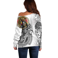 Japanese Samurai Warrior Off Shoulder Sweater White Polynesian Tattoo Style