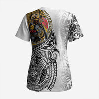 Japanese Samurai Warrior Scrub Top White Polynesian Tattoo Style - Polynesian Pride