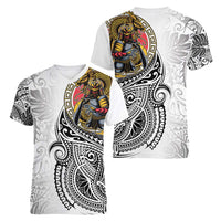 Japanese Samurai Warrior Women V-Neck T-Shirt White Polynesian Tattoo Style