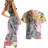 Japanese Samurai Warrior Couples Matching Short Sleeve Bodycon Dress and Hawaiian Shirt Colorful Polynesian Tattoo Style