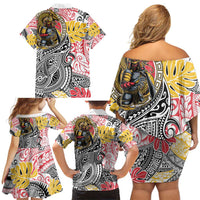 Japanese Samurai Warrior Family Matching Off Shoulder Short Dress and Hawaiian Shirt Colorful Polynesian Tattoo Style