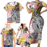 Japanese Samurai Warrior Family Matching Short Sleeve Bodycon Dress and Hawaiian Shirt Colorful Polynesian Tattoo Style