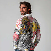 Japanese Samurai Warrior Long Sleeve Polo Shirt Colorful Polynesian Tattoo Style