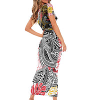 Japanese Samurai Warrior Short Sleeve Bodycon Dress Colorful Polynesian Tattoo Style
