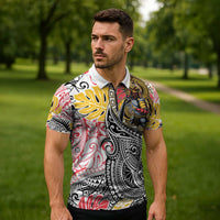 Japanese Samurai Warrior Zipper Polo Shirt Colorful Polynesian Tattoo Style - Polynesian Pride