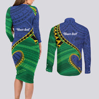 Solomon Islands Independence Day 1978 Personalised Couples Matching Long Sleeve Bodycon Dress and Long Sleeve Button Shirt Polynesian Pattern with Flag Style