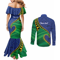Solomon Islands Independence Day 1978 Personalised Couples Matching Mermaid Dress and Long Sleeve Button Shirt Polynesian Pattern with Flag Style