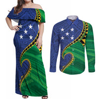 Solomon Islands Independence Day 1978 Personalised Couples Matching Off Shoulder Maxi Dress and Long Sleeve Button Shirt Polynesian Pattern with Flag Style