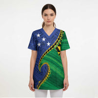 Solomon Islands Independence Day 1978 Personalised Scrub Top Polynesian Pattern with Flag Style - Polynesian Pride