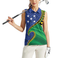 Solomon Islands Independence Day 1978 Personalised Women Sleeveless Polo Shirt Polynesian Pattern with Flag Style
