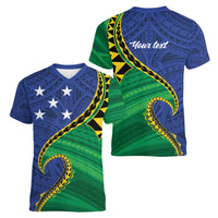 Solomon Islands Independence Day 1978 Personalised Women V-Neck T-Shirt Polynesian Pattern with Flag Style