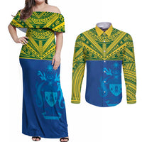 Solomon Islands Rugby Custom Couples Matching Off Shoulder Maxi Dress and Long Sleeve Button Shirt Simple Coat of arm Polynesian Pattern