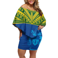 Solomon Islands Rugby Custom Family Matching Off Shoulder Short Dress and Hawaiian Shirt Simple Coat of arm Polynesian Pattern