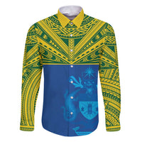 Solomon Islands Rugby Custom Family Matching Puletasi and Hawaiian Shirt Simple Coat of arm Polynesian Pattern LT9 Dad's Shirt - Long Sleeve Gold - Polynesian Pride