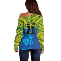 Solomon Islands Rugby Custom Off Shoulder Sweater Simple Coat of arm Polynesian Pattern