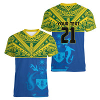 Solomon Islands Rugby Custom Women V-Neck T-Shirt Simple Coat of arm Polynesian Pattern
