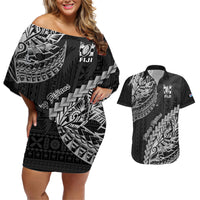Fiji Rugby Couples Matching Off Shoulder Short Dress and Hawaiian Shirt Kaiviti Fijian Tribal World Cup Black LT9 Black - Polynesian Pride