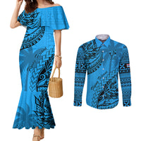 Fiji Rugby Couples Matching Mermaid Dress and Long Sleeve Button Shirt Kaiviti Fijian Tribal World Cup Blue No1 LT9 Blue - Polynesian Pride