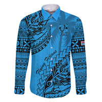 Custom Fiji Rugby Family Matching Long Sleeve Bodycon Dress and Hawaiian Shirt Kaiviti Fijian Tribal World Cup Blue No1 LT9 Dad's Shirt - Long Sleeve Blue - Polynesian Pride