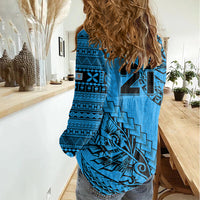 Custom Fiji Rugby Women Casual Shirt Kaiviti Fijian Tribal World Cup Blue No1 LT9 - Polynesian Pride