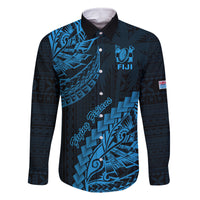 Fiji Rugby Family Matching Off Shoulder Short Dress and Hawaiian Shirt Kaiviti Fijian Tribal World Cup Blue No2 LT9 Dad's Shirt - Long Sleeve Blue - Polynesian Pride