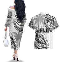 Fiji Rugby Couples Matching Off The Shoulder Long Sleeve Dress and Hawaiian Shirt Kaiviti Fijian Tribal World Cup White LT9 - Polynesian Pride